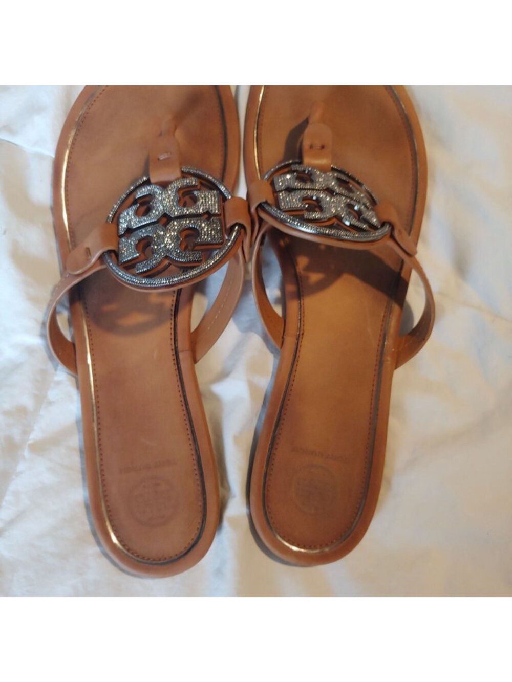 Tory Burch Miller Crystal Logo Sandals Leather Thong Rhinestone Medallion 11 - Picture 10 of 13